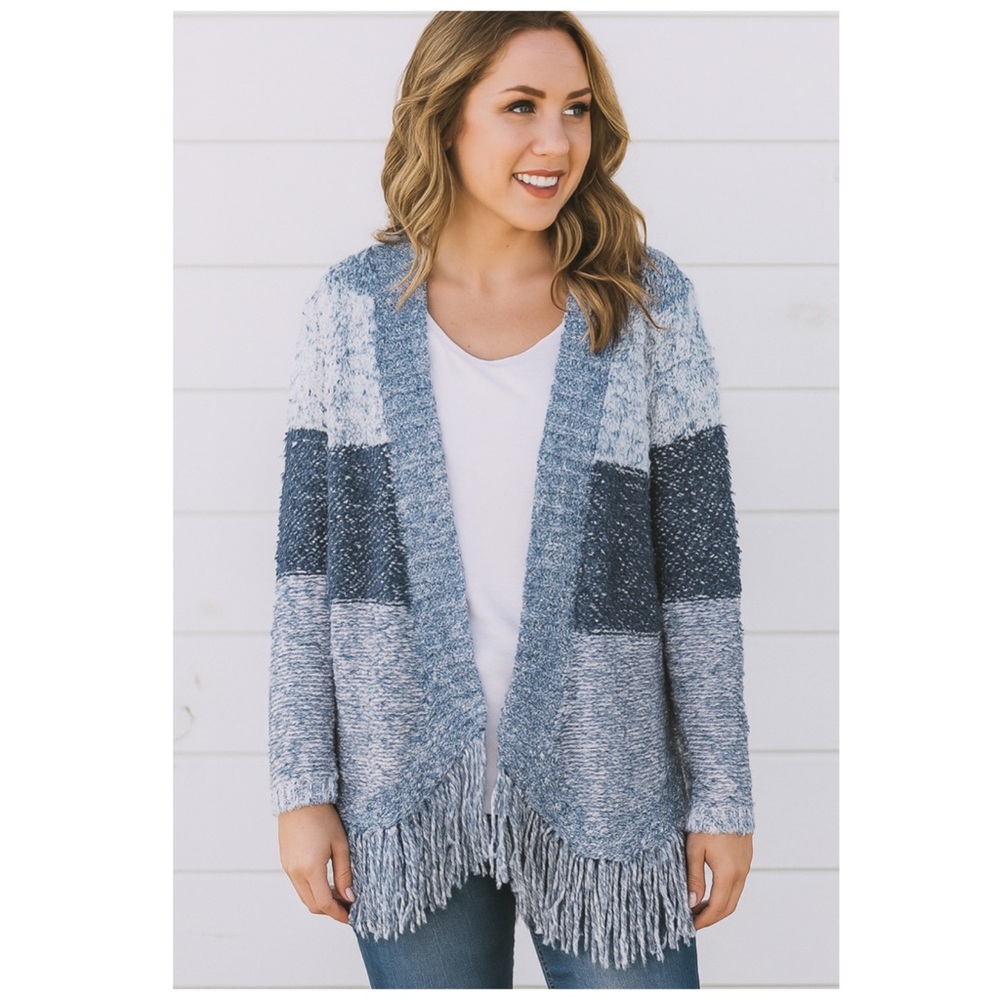 Lucky Brand Fringe Cardigan Blue White Colorblock Open Knit XS